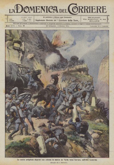 Onze artillerie verspreidt een colonne op mars van Varda naar Corvara, in de Alto Cordevole door Achille Beltrame